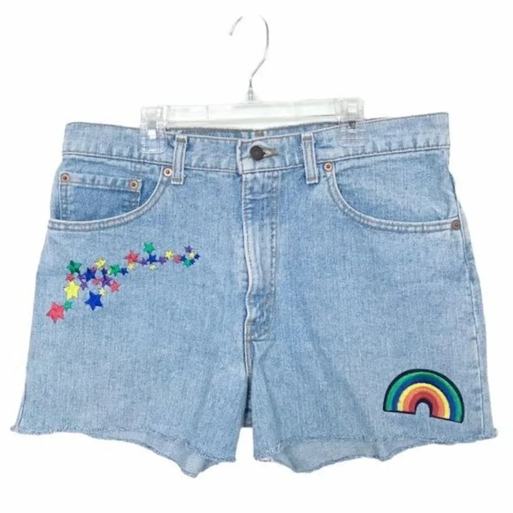 Vintage Levi's 550 Denim Hi Rise Cut Off Shorts with Rainbow and Star Patches
